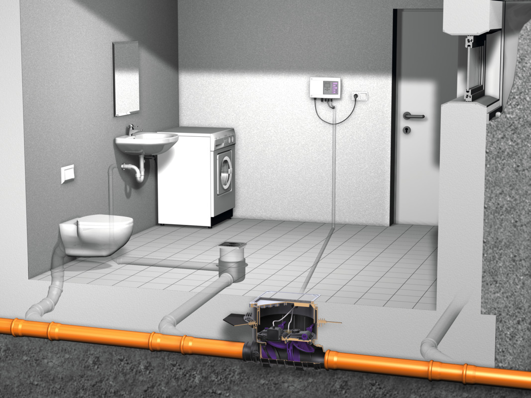 Installation diagram for the Staufix FKA automatic backwater valve for floor slab installation