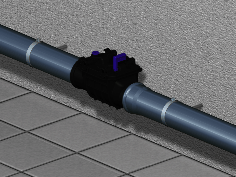 Installation diagram for the Staufix Basic in an exposed drainage pipe