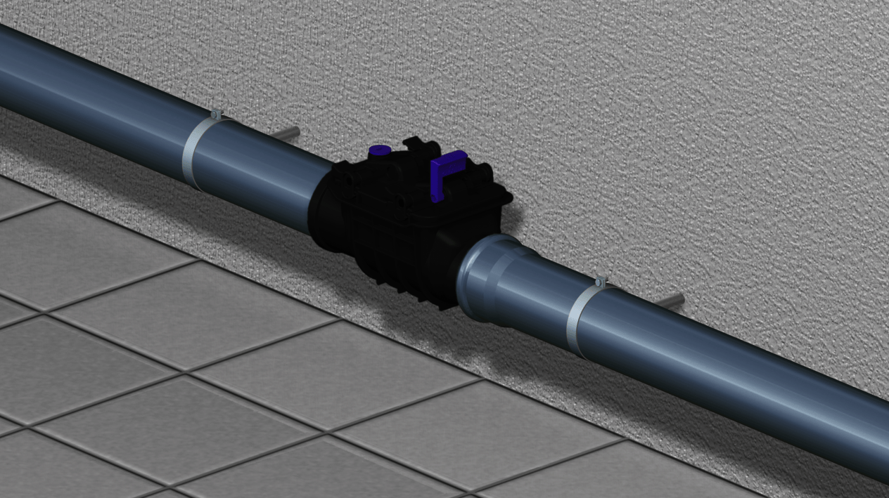 Ilustracja zabudowy zaworu przeciwzalewowego Staufix Basic do montażu na swobodnym przewodzie kanalizacyjnym