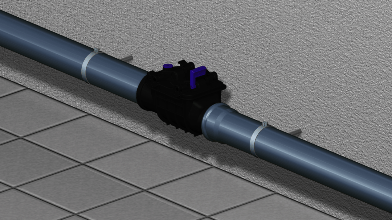 Installation diagram for the Staufix Basic in an exposed drainage pipe