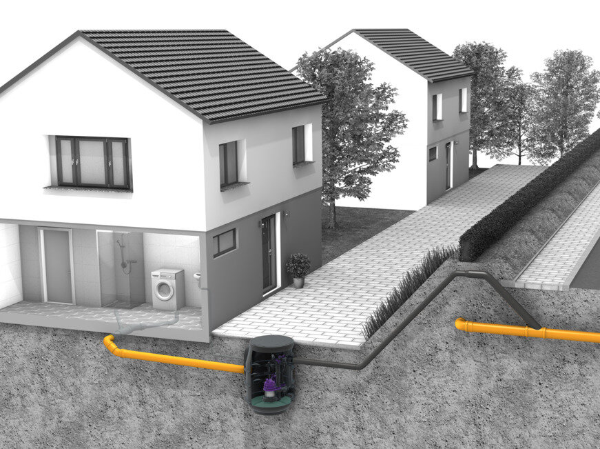 Schema di installazione per la stazione di pompaggio Aquapump Small per le acque di scarico non contenenti sostanze fecali