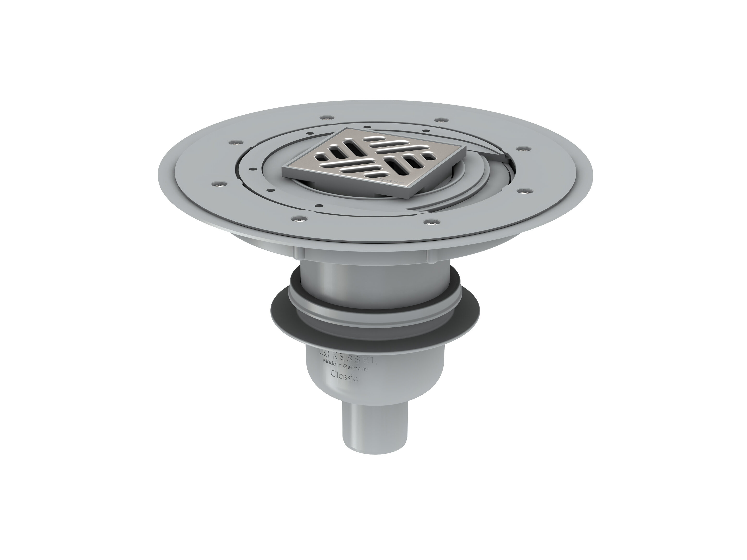 Installation diagram for the Classic vertical bathroom drain with a Variofix upper section for combined waterproofing and a slotted cover